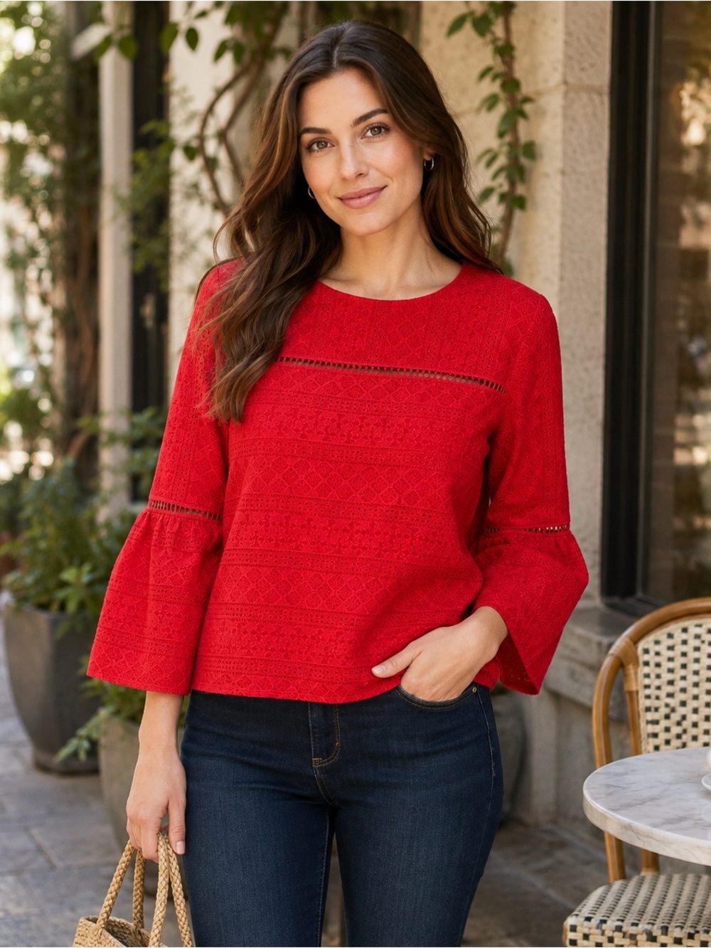 Gap Red Eyelet Embroidered Bell Sleeve Top NWT Size Medium